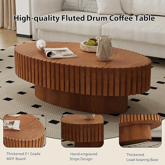 Oval Fluted Coffee Table Mid Century Modern Coffee Tables with Handcrafted Relief Ellipse Drum End Table Rustic Industrial Center Tables for Apartment Living Room (Wood Oval)