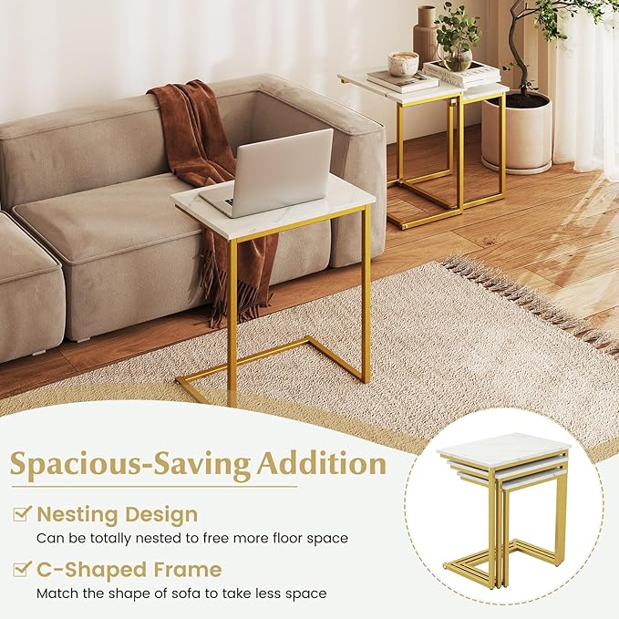 Giantex Nesting Coffee Table Set of 3, Stackable Square End Table w/Faux Marble Tabletop & Heavy-Duty Metal Frame, Farmhouse C-Shaped Accent Table for Small Space, Living Room, Bedroom (White Gold)