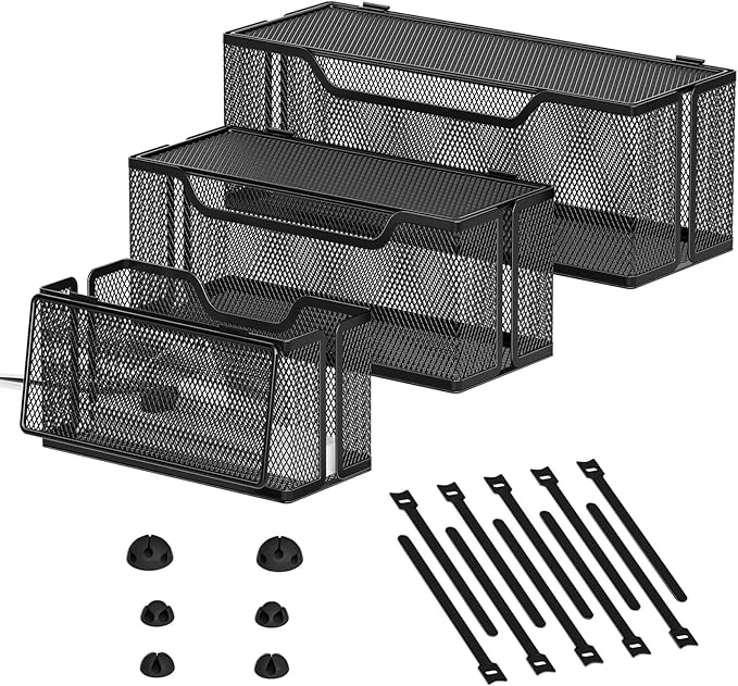 Marbrasse 3 Pack Cable Management Box, Metal Mesh Cord Organizer Box for TV Wires, Electrical Hiding, Power Strip – Under Desk Cable Storage Box with Cable Clips&Reusable Cable Ties for Home/Office