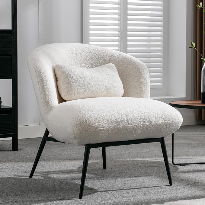 Modern Accent Chair, Upholstered Sherpa Fabric Side Chair With Small Pillow, Black Metal Legs, Comfy Lounge for Living Room Bedroom, White