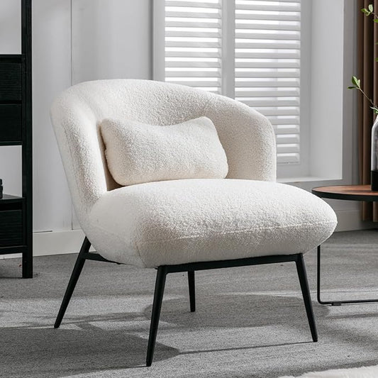 Modern Accent Chair, Upholstered Sherpa Fabric Side Chair With Small Pillow, Black Metal Legs, Comfy Lounge for Living Room Bedroom, White