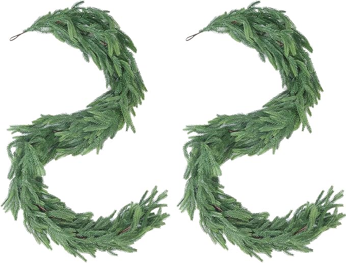 2 Pcs 6 Ft Artificial Norfolk Pine Christmas Garlands for Holiday Indoor Outdoor Decor，Real Touch Pine Garlands，Artificial Greenery Garland for Home Dining Table，Mantel，Wall Porch Christmas Decor. ﻿