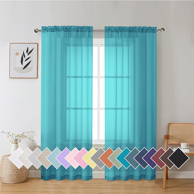 Aiyufeng Turquoise Sheer Curtains 72 Inch Length 2 Panels Set, Light Filtering Airy Rod Pocket Turquoise Window Curtain Treatment Drapes for Kitchen Bedroom Living, Each 42Wx72L Inches