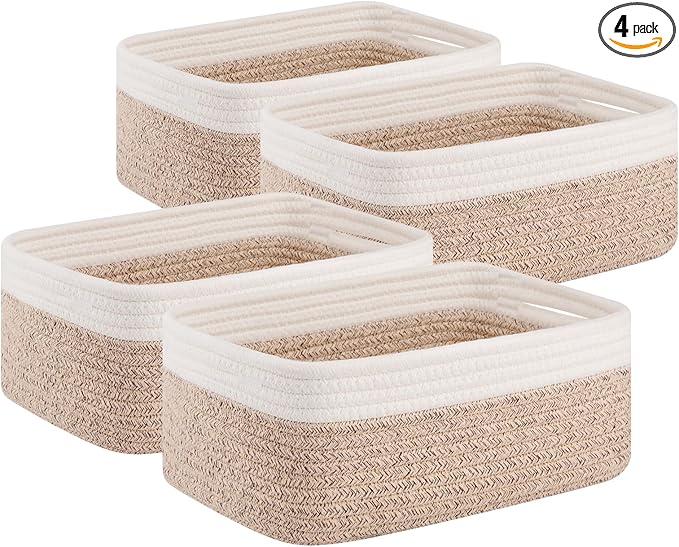 OIAHOMY 4 Pack Storage Baskets for Organizing, Small Bins for Shelves, Cute Decorative Storage Bins, Organizer Baskets for Gifts Empty, 11.8''Lx7.8''Wx4.7''H, Brown/White
