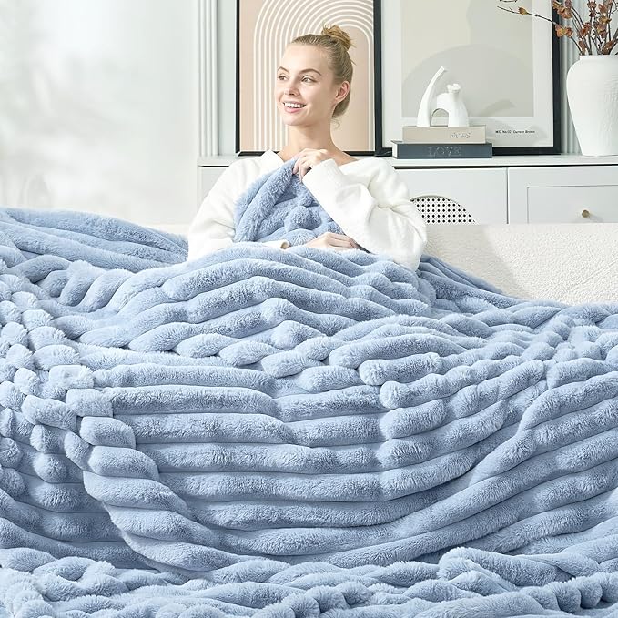 Cozy Bliss Faux Fur Throw Blanket for Couch, Cozy Warm Plush Striped Blanket for Sofa Bedroom Living Room, 90 * 90 Inches Light Blue