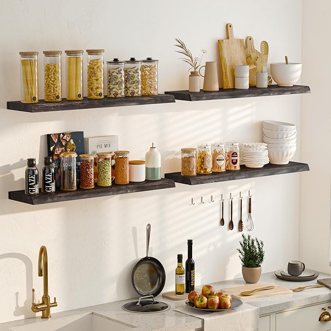 Fun Memories Floating Shelves for Wall Decor, Rustic Solid Elm Wood Live Edge Floating Shelves Wall Mounted, Heavy-Duty Shelf with Invisible Bracket for Living Room Kitchen, 42 Inch Set of 1, Walnut