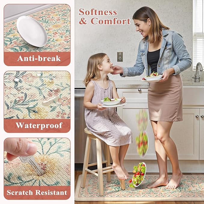 Collive Kitchen Mats Cushioned Anti Fatigue, Non Slip Waterproof Kitchen Floor Mat Modern Pink Floral Sink Rug, Comfort Desk Standing Rugs for Bedroom, Laundry, Home Office, 2'x5'