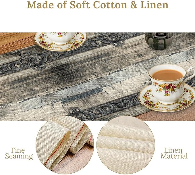 Farmhouse Wood Bar Table Runner, Rustic Country Retro Village Plank Western Table Setting Decor for Kitchen Dining Patio Holiday Party Indoor Outdoor 13x90