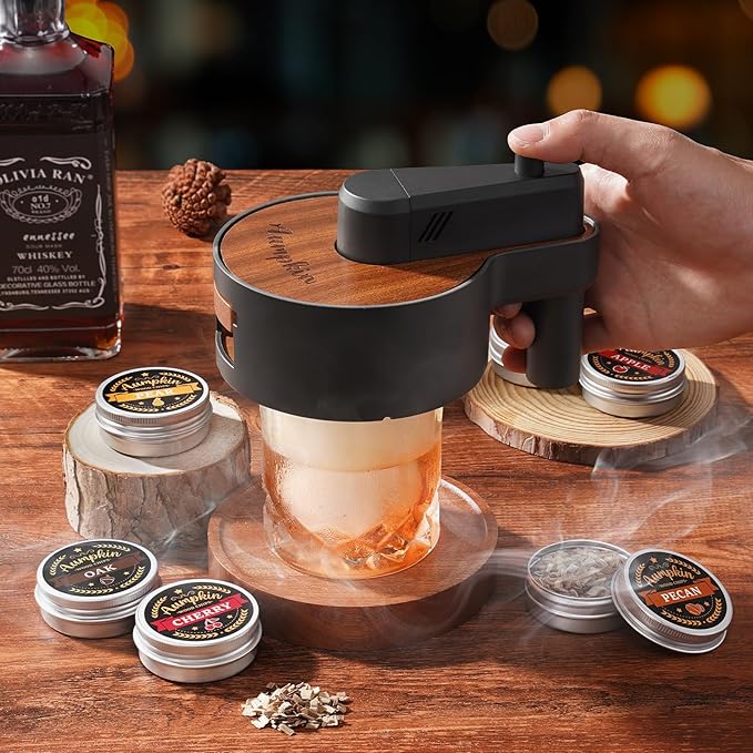 Premium Whiskey Smoker Kit with Torch, 6 Flavors Wood Chips, 2 Glasses, 2 Ice Ball Molds, Old Fashioned Drink Cocktail Smoker Kit, Birthday Bourbon Gifts for Men, Dad, Husband, Black&Brown (NO Butane)