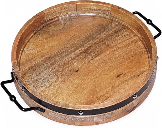 16" Large Round Ottoman Tray, Heavy Duty Mango Wood, for Serving Tea, Breakfast in Bed, Living Room Large Coffee Table Tray Rustic with Farmhouse Style, Decorative Handles and Accent Strap