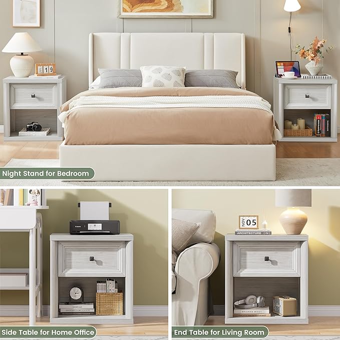 Farmhouse Night Stand Set of 2, White Nightstands with Deep Drawer, Wooden Side Tables End Table, 22.6" Wide Bedside Tables Night Stands for Bedroom Room Sofa Couch Office