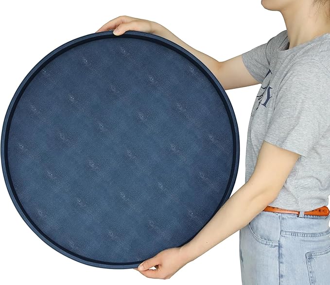 HofferRuffer Large Round Serving Tray 24'', Elegant Faux Leather Circle Ottoman Table Tray, Serve Tea Coffee Breakfast in Bedroom Living Room Kitchen (Blue)