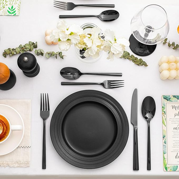 KINGSTONE Black Silverware Set, 60-Piece Forged Flatware Set Cutlery Set Premium Stainless Steel, Service for 12, for Kitchen, Home, Wedding, Party, Mirror Polished and Dishwasher Safe