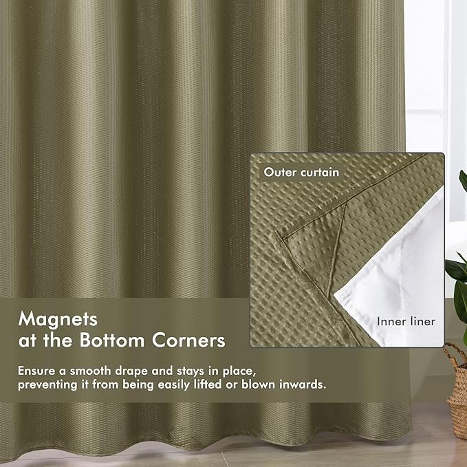 Mrs Awesome No Hook Shower Curtain with Snap-in Liner, Embossed Waffle Design Fabric Shower Curtain for Bathroom, Soft & Lightweight, 71x74, Taupe