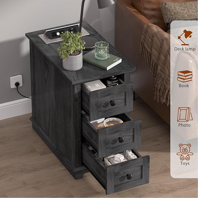 HIFYOBRO Narrow End Table Set of 2, 3 Drawers and Charging Station, Type-C & USB Port & Power outlets, Wooden End Table, Side Table with Storage for Living Room, Bedroom Nightstands