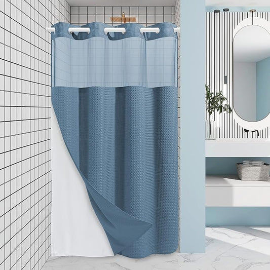 Moonlight Blue Stall No Hook Shower Curtain with Snap in Liner,230GSM Waffle Weave Shower Curtains for Bathroom,54W x 80H