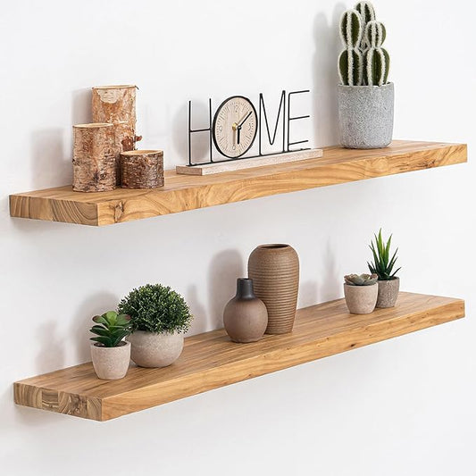 Floating Shelves, 8" Deep Rustic Solid Elm Wood Wall Mounted Floating Shelves, Wall Shelves with Invisible Bracket for Living Room Bathroom Bedroom Kitchen, 36 Inch Set of 2, Natural