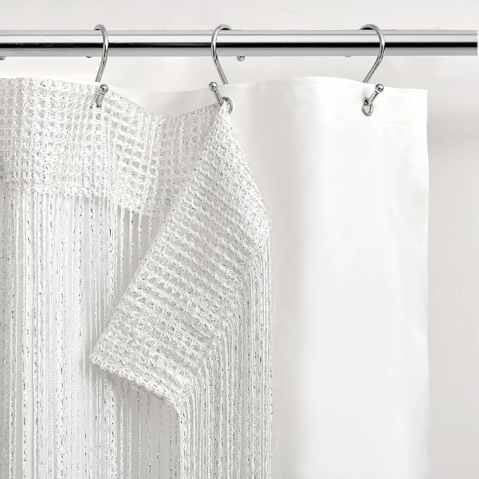Lush Decor Night Sky String Thread Shower Curtain With PEVA Liner, 2 Piece Set, 72" W x 72" L, White - Silver String Shower Curtain and Liner Set - Shimmery Bath Curtain - Modern Glam Bathroom Decor