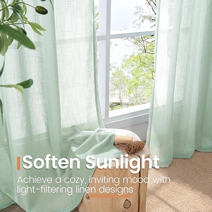 BGment 40 Inch Length Sage Green Linen Curtains for Short Window - Rod Pocket Light Filtering Drapes Natural Textured for Cafe Bedroom Decorative Lightweight Rustic, 2 Panels Set, 42 X 40 Inch