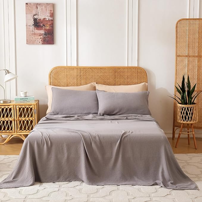 Twin Sheets Set 100% Cotton Bed Sheets 3 Pcs Gray Fall Linen Like Sheet 16" Deep Pocket Sheet & Pillowcase Sets Boho Muslin Soft Twin Bedding Sets for All Season Machine Wash