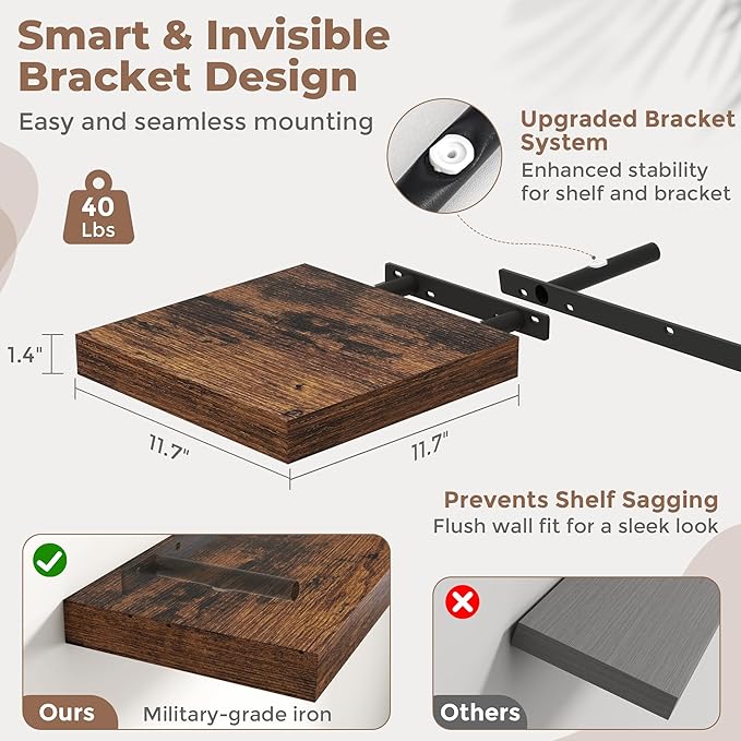 Floating Shelves for Wall with Invisible Brackets, Wall Mounted Engineered Wood Shelves with Wood Grain for Living Room, Bathroom, Kitchen Decor and Storage, Oak, 12"L Set of 3, Rustic Brown