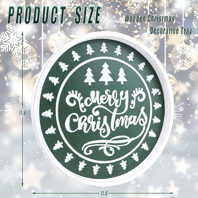 Christmas Wood Decorative Ottoman Tray for Coffee Table Kitchen Counter, Living Room, Round Handcrafted Green Wooden Serving Tray for Table Centerpiece