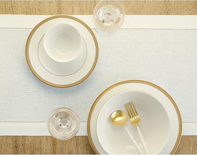 Solino Home Linen Ivory Table Runner 144 Inches Long - 100% Pure Linen Extra Long Table Runner 14 x 144 Inch for Fall, Autumn, Thanksgiving, Christmas - Classic Hemstitch