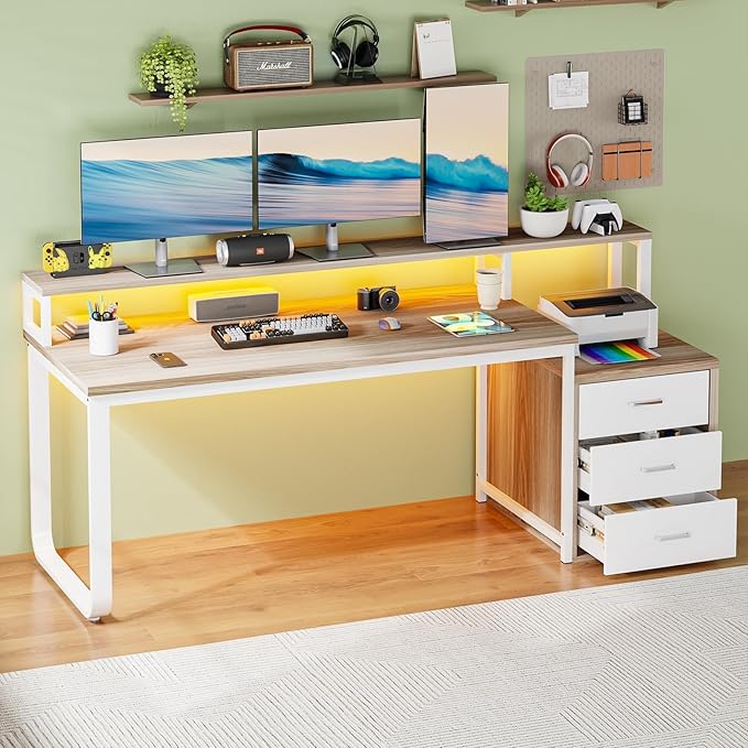 HOMBCK 67" Computer Desk with 3 Drawers, Home Office Desk with Long Monitor Stand and Printer Space, Office Desk with Storage & LED Lights, Writing Desk with Drawers, Walnut and White