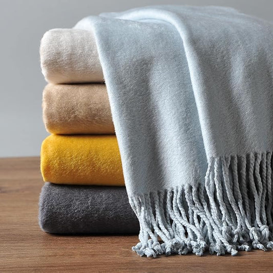 EP Mode Fringed Mulberry Silk Throw Blanket for Sofa (Baby Blue)