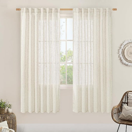 LAMIT 68 inch Semi Sheer Linen Curtains 2 Panels Set, Cream Ivory Light Filtering Panels Back Tab and Rod Pocket Neutral Drapes for Kitchen/Window/Sliding Glass Door, 52 x 68 Inch
