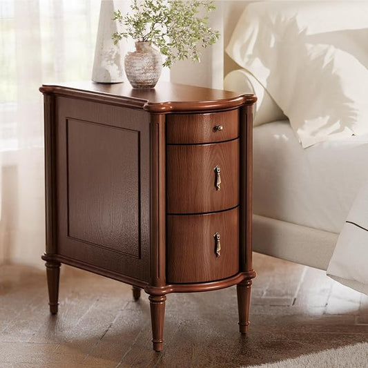STO'SENSE Nightstand w/Charging Station & 3 Drawers, Pre-Assembled, Vintage Side Table w/Antique-Finished Pulls, Rustic Wood Finish, Narrow End Table w/Turned Legs for Bedroom (1, Brown)