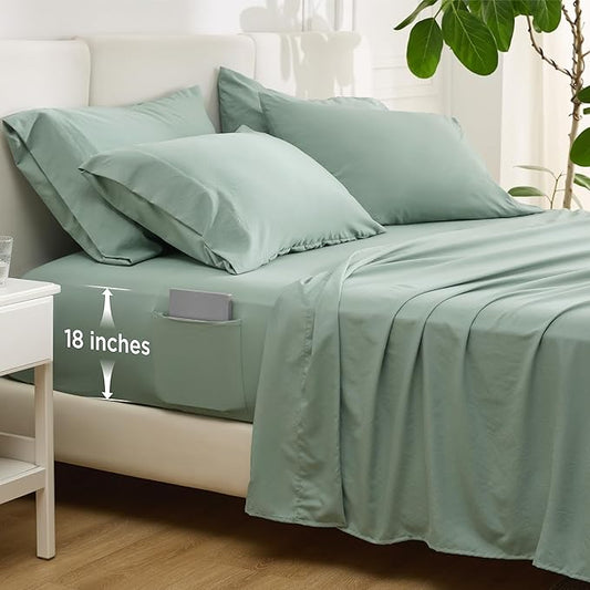 Bedsure Deep Pocket King Sheet Set - 6 Piece, Prewashed Ultra-Soft King Size Sheets Set, Fits Mattresses Up to 18 Inches Thick, Breathable & Secure Fit, Hotel Luxury Bedding, Sage Green