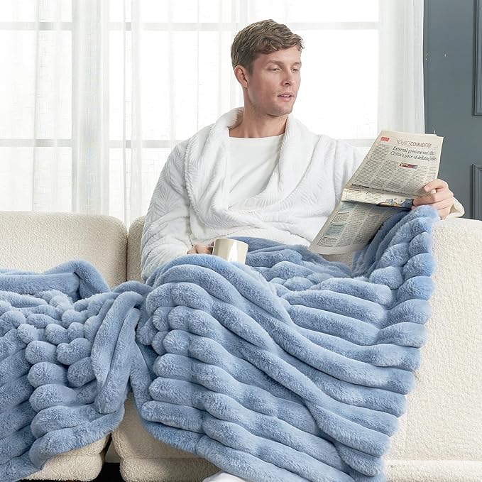 Cozy Bliss Faux Fur Throw Blanket for Couch, Cozy Warm Plush Striped Blanket for Sofa Bedroom Living Room, 108 * 90 Inches Light Blue
