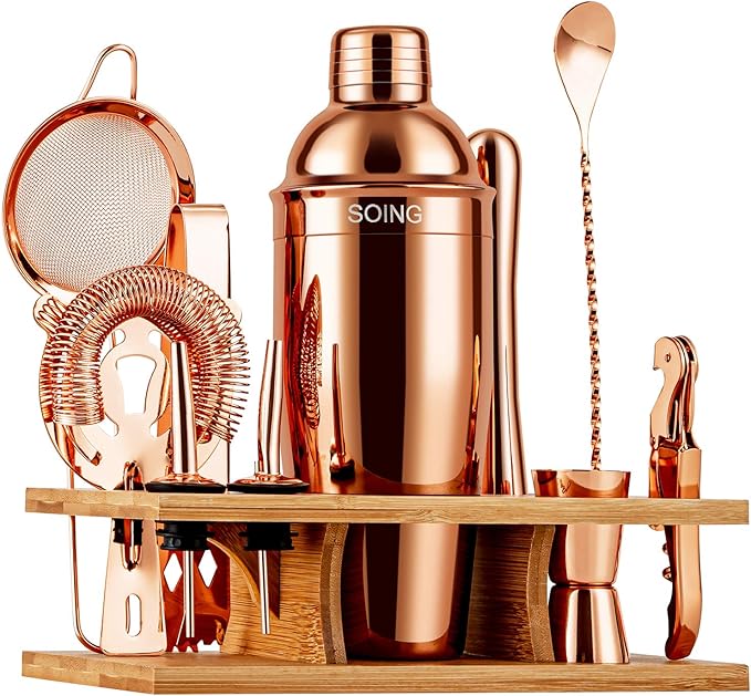 Soing 11-Piece Rose Copper Bartender Kit,Perfect Home Cocktail Shaker Set for Drink Mixing,Stainless Steel Bar Tools with Stand,Velvet Carry Bag & Cocktail Recipes Cards (Rose Copper)