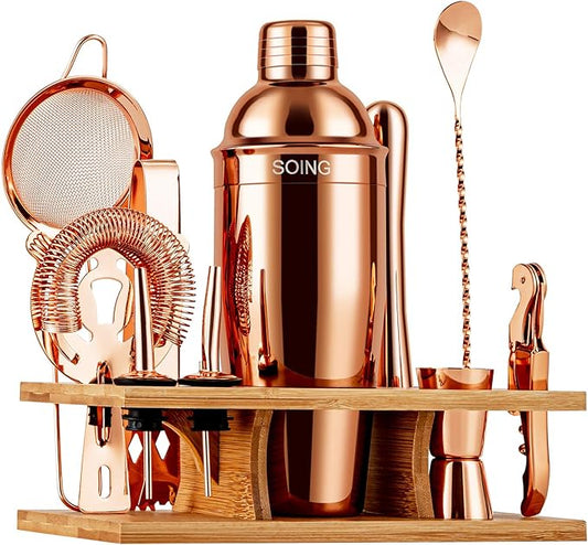 Soing 11-Piece Rose Copper Bartender Kit,Perfect Home Cocktail Shaker Set for Drink Mixing,Stainless Steel Bar Tools with Stand,Velvet Carry Bag & Cocktail Recipes Cards (Rose Copper)