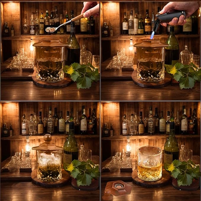 Whiskey Smoker Kit with Torch & 6 Wood Chips - Bourbon Old Fashioned Cocktail Smoker Set, 2 Whisky Glass Sets - Ultimate Birthday Gifts for Men, Dad, Husband (No Butane)