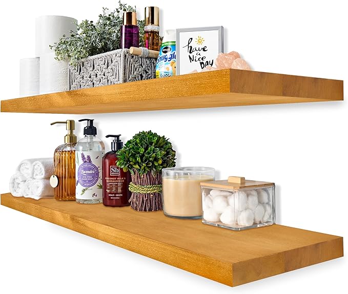 Sorbus 35' Maple Wood Floating Shelves - Set of 2, Solid Pine, Wall Mounted, Rustic Style, Bathroom & Bedroom