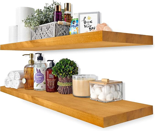 Sorbus 35' Maple Wood Floating Shelves - Set of 2, Solid Pine, Wall Mounted, Rustic Style, Bathroom & Bedroom