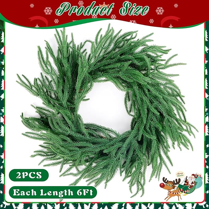 2 Pcs 6 Ft Norfolk Pine Garland, Artificial Dense Christmas Garland Ornaments, Real Touch Greenery Garland for Fireplace, Stairs, Table, Mantle, Wall, Indoor, Outdoor Christmas Decorations