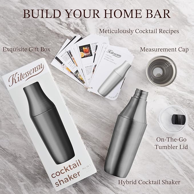 Kitessensu Hybrid Cocktail Shaker | Vacuum Insulated Stainless Steel Martini Shaker with Double Wall Martini Cup | Integrated Measuring System | Tumbler Lid & Cocktail Recipes Included | Matte Black
