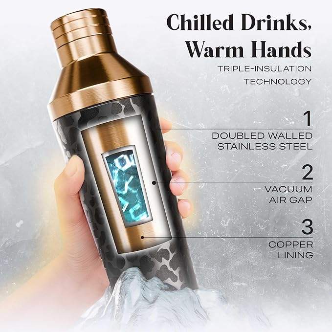 Insulated Cocktail Shaker Set | Double Wall Stainless Steel | Martini Shaker for Home Bar Bartending | Built-in Drink Measurement System & Strainer, Travel Bag, 35 Recipes | Gift Set (Leopard Copper)