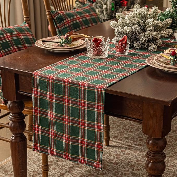 Softalker Christmas Checkered Tartan Table Runner - Green Buffalo Plaid Xmas Stain Resistant Washable Table Decoration for Dining/Parties/Holiday Decor, 13 x 91 Inch