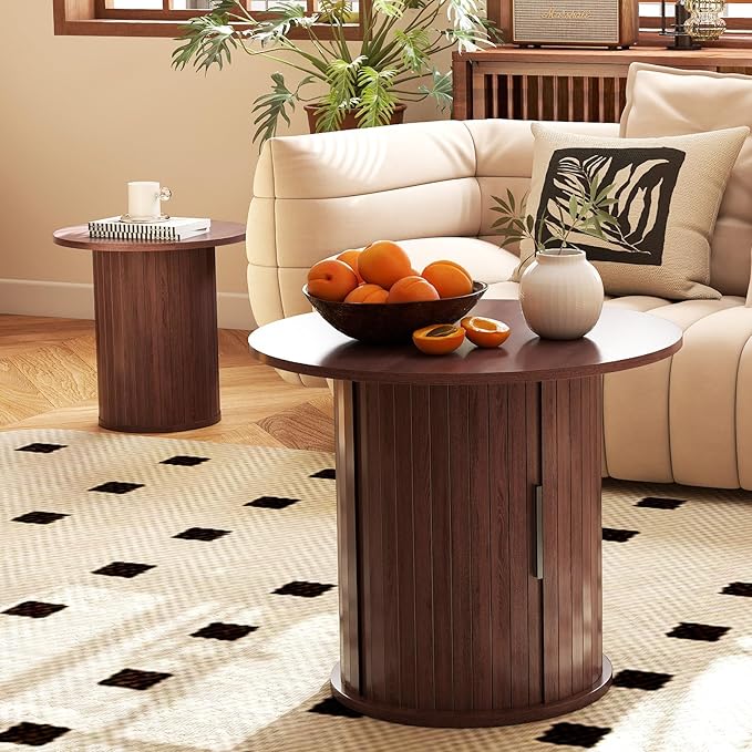 Round Wood Coffee Table 23.6IN with Hidden Storage & Sliding Door, Circle Farmhouse Side Table Sets for Living Room, Bedroom, Balcony, Small Spaces, Walnut