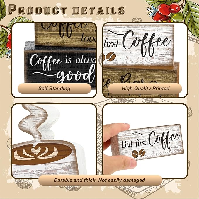 4 Pcs Wooden Coffee Bar Tabletop Decor Coffee Tiered Tray Decor Rustic Wood Bar Sign Gift Farmhouse Table Centerpiece Farmhouse Decorations for Home Kitchen