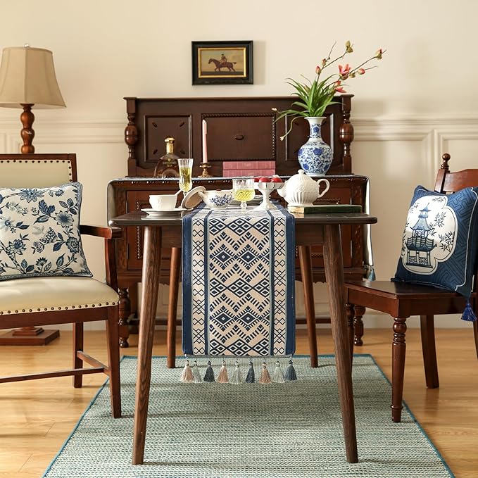 Chinoiserie Blue Stripe Table Runner for Table,Decorative Print Linen 71 Inches Long Table Runners,Decor Tabletop for Kitchen,Dining,Tea Party,Home,Christmas,12"*71"