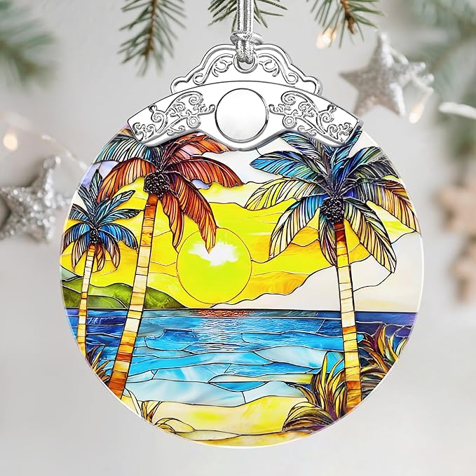 Christmas Ornaments: Stained Glass Ornament, Christmas Tree Ornament, Hanging Ornaments for Home Decor & Xmas Tree Decorations – Exquisite Holiday Decor, Gifts & Holiday Present - Beach Sunset