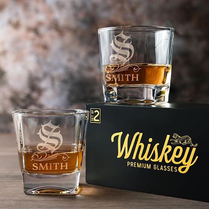 Amazing Items Set of 3 - Whiskey Gifts for Men, Personalized Whiskey Glasses w/Name & Initial - 9 Designs - 9 oz, Limited Edition Monogrammed Rocks Glasses for Whiskey, Dad Gifts