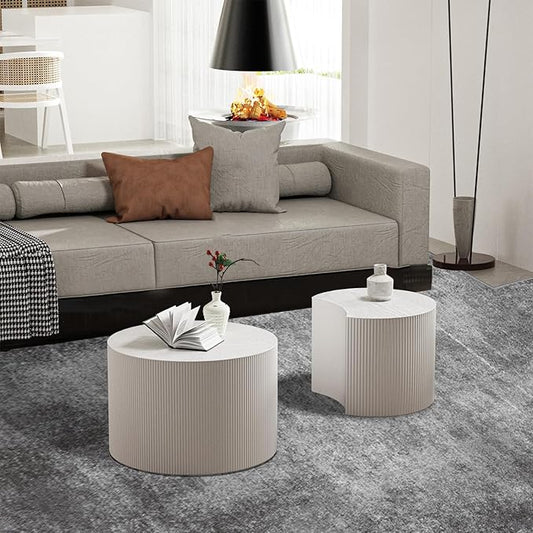 Modern Drum Coffee Table Set of 2 Stylish Minimalism Wave Stripe Fluted Nesting End Table - No Assemble, for Small Space (C-18.9IN+15IN)