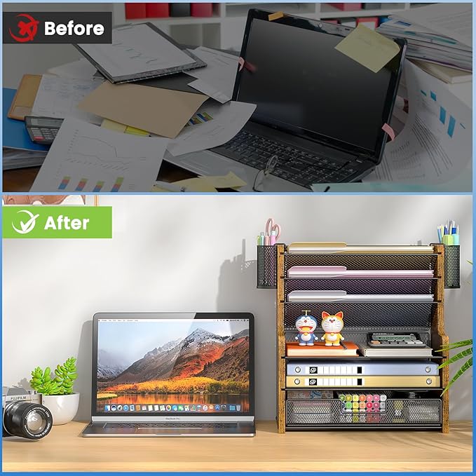 6-Tier Mesh Desk Organizer with Drawer, Wooden Office Organizer for Papers, Folders & Office Supplies - Sturdy Desktop File Holder with 2 Pen Holders - Space Saving Home Office Accessories