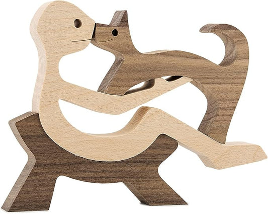 Animal Decor Wooden Statue Man and Cat Figurines Decor Carved Wood Decorative Sculpture